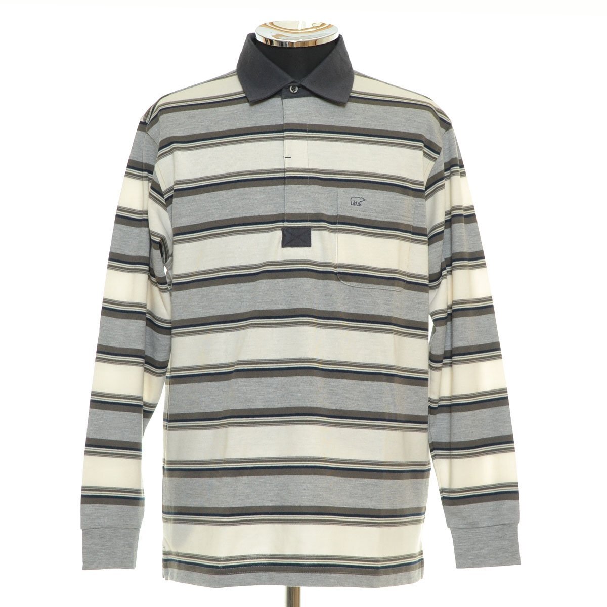 ◆569076 GOLDEN BEAR ゴールデンベア ◇長袖ポロシャツ ボーダー サイズM メンズ オフホワイト グレー拍卖