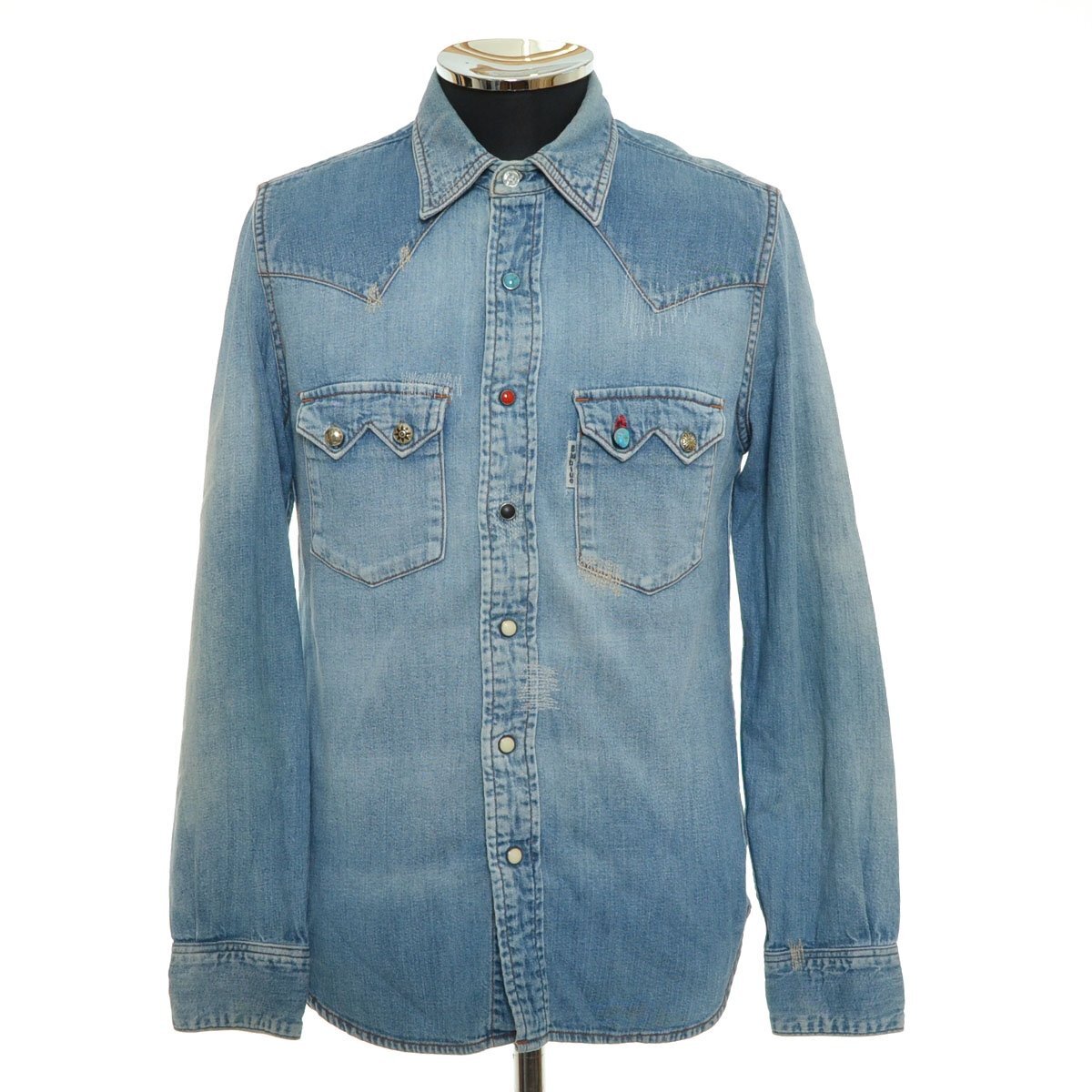 ◆569032 BLUE BLUE ブルーブルー ◇デニムウエスタンシャツ 長袖 装飾 サイズ1 メンズ 日本製 インディゴ拍卖