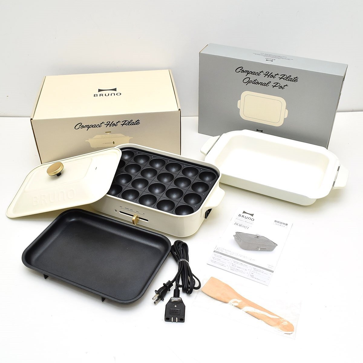 ▽568868 BRUNO ブルーノ コンパクトホットプレート BOE021-WH セラミックコート鍋 BOE021-NABE セット ホワイト拍卖