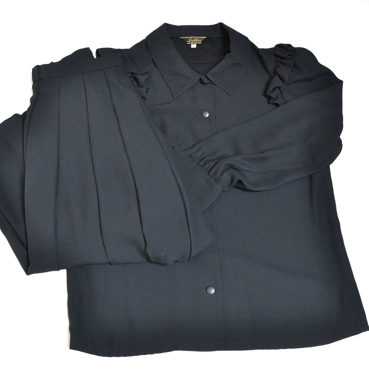 ◇540658 Leilian 上下セットアップ ◇ブラウスシャツ ミディフレアスカート ボウタイリボン 3点セット サイズ9 レディース ブラック拍卖