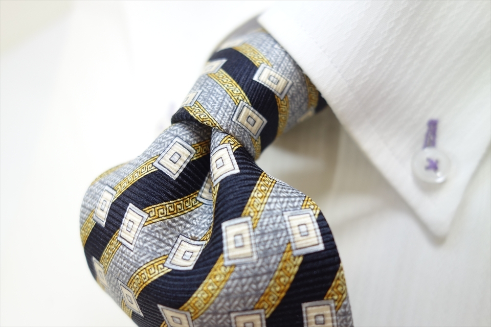 8869◆イタリア製生地 ヴェルサーチVERSACE ストライプ&四角柄 シルクネクタイ拍卖