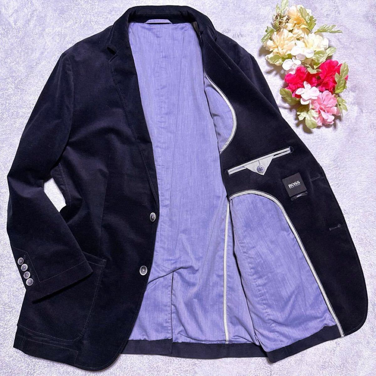未使用 黒タグ ボックス【最高級ベルベット素材】HUGO BOSS ヒューゴボス テーラードジャケット ベロア ステッチ ストレッチ ネイビー 48 L拍卖