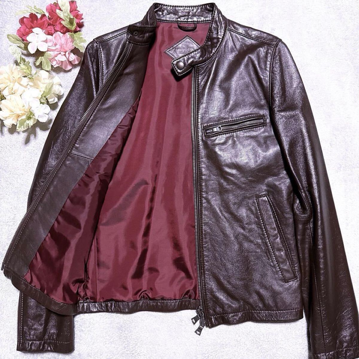 未使用級【至高の逸品】HOUSE OF BLUES ハウスオブブルース ライダース シングル ブルゾン ジャケット 羊革 ダークブラウン メンズ M拍卖