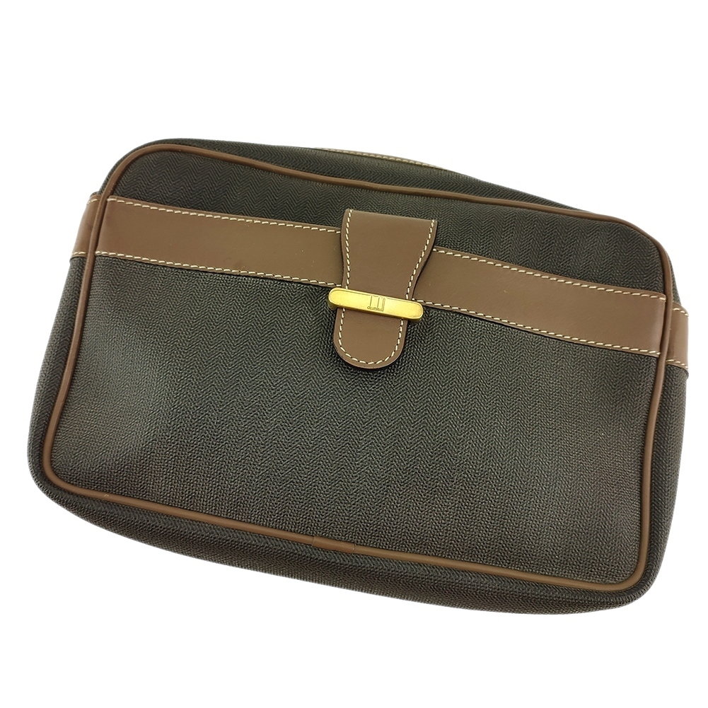 【10%OFFクーポン】ダンヒル Dunhill クラッチバッグ ヘリンボーン グレー 灰色 ブラウン ゴールド 中古拍卖