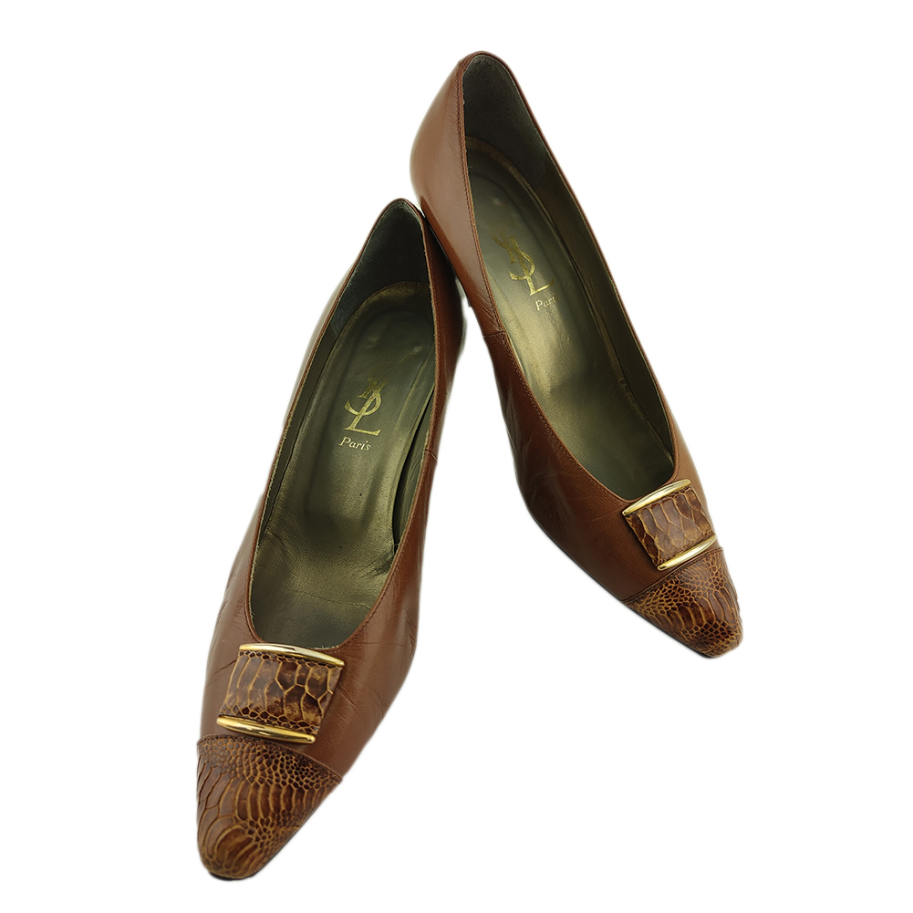 【30%OFFクーポン】サンローラン SAINT LAURENT パンプス クロコ切替え ♯36ハーフ ポインテッドトゥ ブラウン ゴールド レザー 中古拍卖