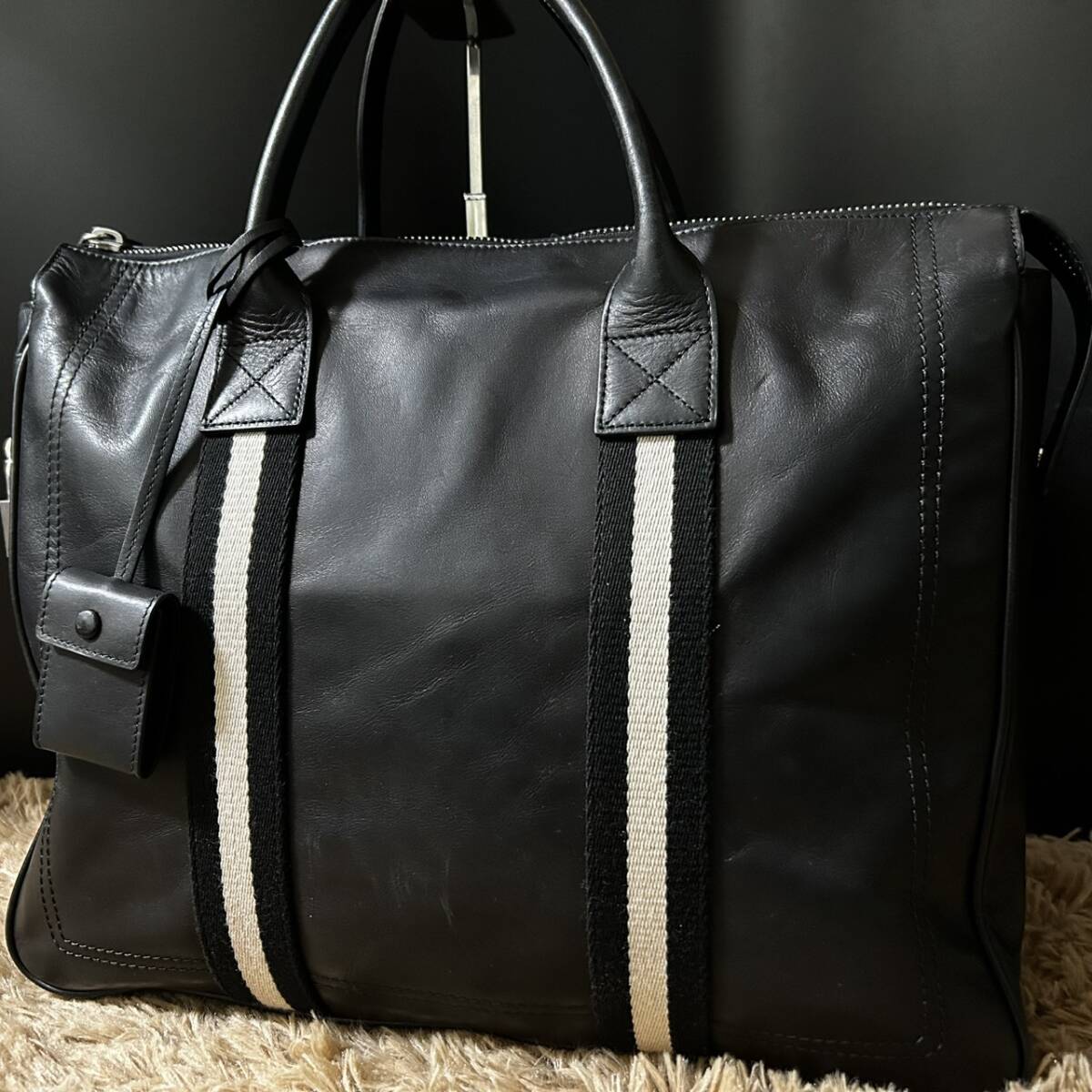 1円~【南京錠付/美品】BALLY バリー ハンドバッグ メンズ ビジネス 手提げ 肩掛け A4 PC 書類鞄 トレスポライン レザー ブラック 黒拍卖