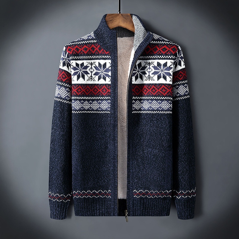 ニットジャケット 裏フリース セーター ニット 裏ボア裏起毛 ジャンパー メンズ・新品 ブルゾン 暖かい防寒【Z235】紺色 2XL拍卖