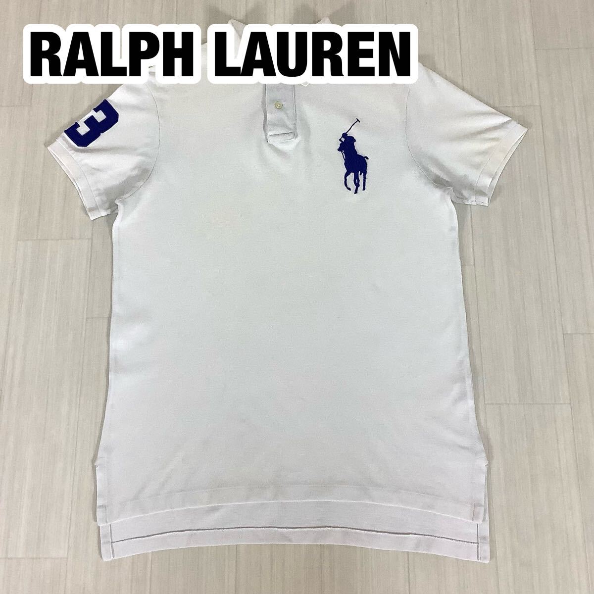 POLO RALPH LAUREN ポロラルフローレン 半袖ポロシャツ M ホワイト 白 刺繍ロゴ ビッグポニー 袖ゼッケン ロングテール 鹿の子生地拍卖