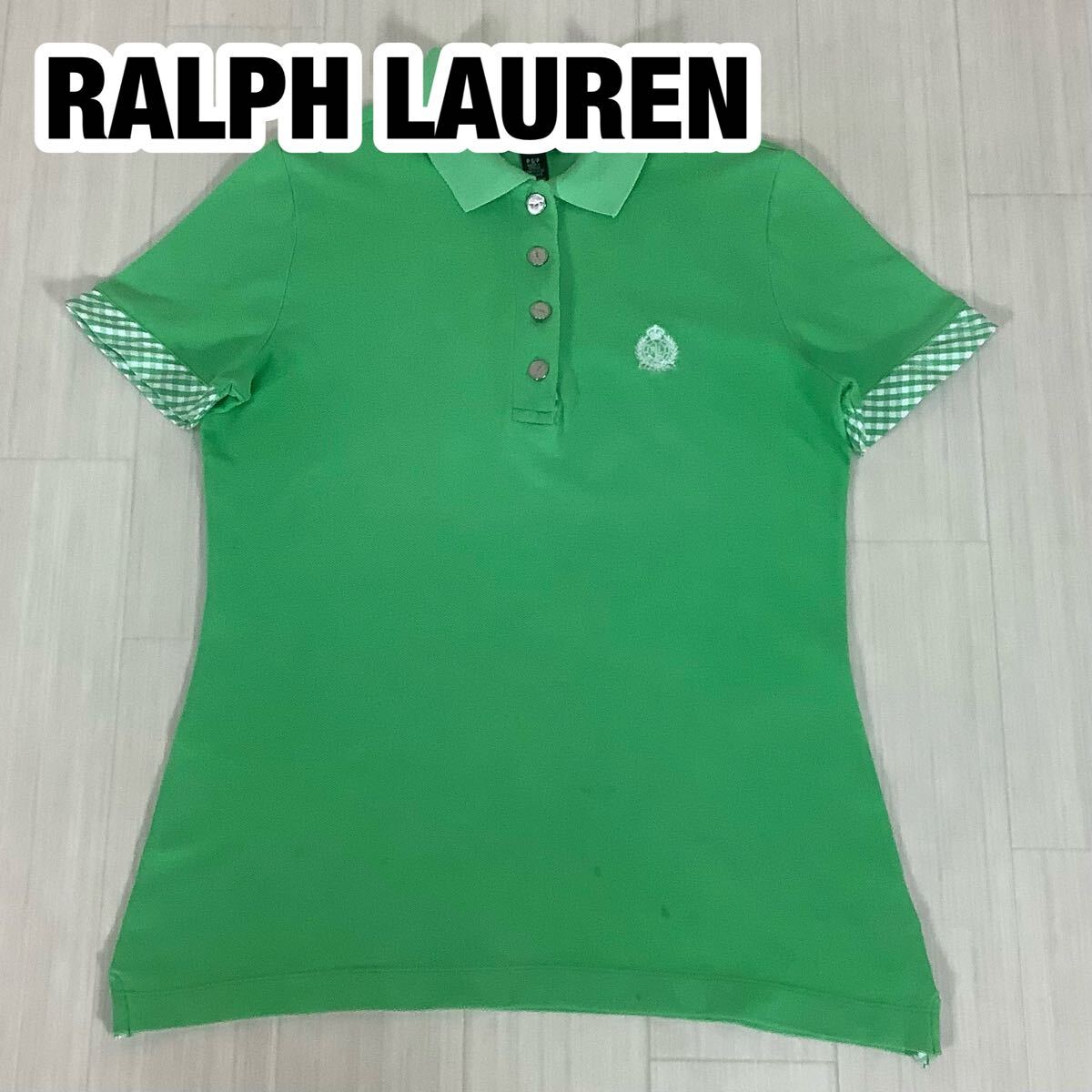 LAUREN RALPH LAUREN ローレンラルフローレン 半袖ポロシャツ S グリーン 緑 チェック柄 刺繍ロゴ 鹿の子拍卖