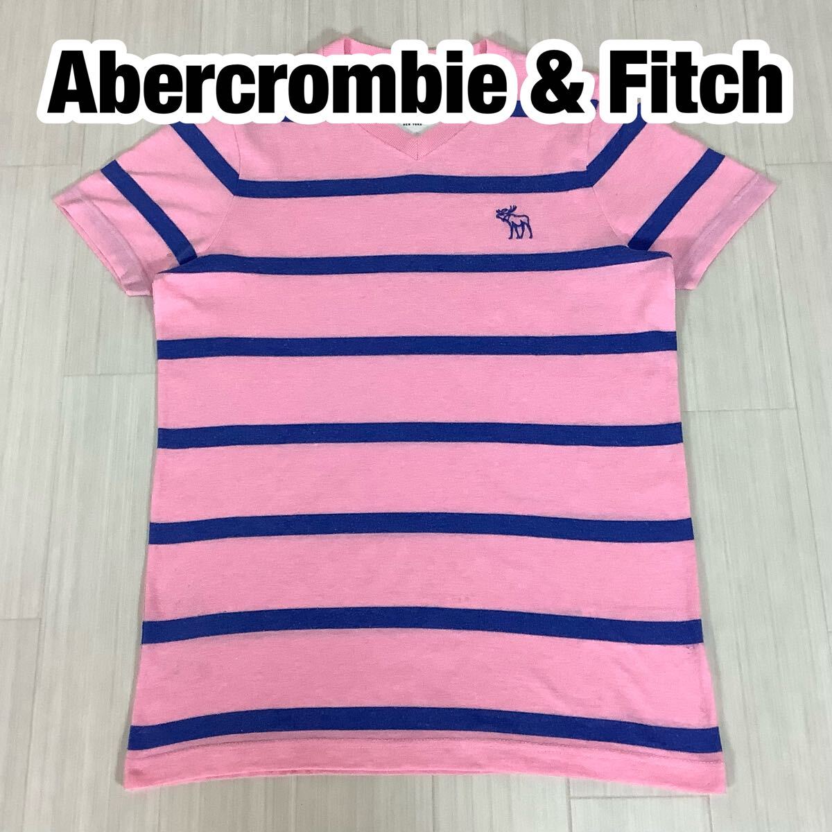 Abercrombie & Fitch アバクロンビーアンドフィッチ Vネック 半袖Tシャツ M ボーダー ピンク×ブルー 刺繍ロゴ拍卖