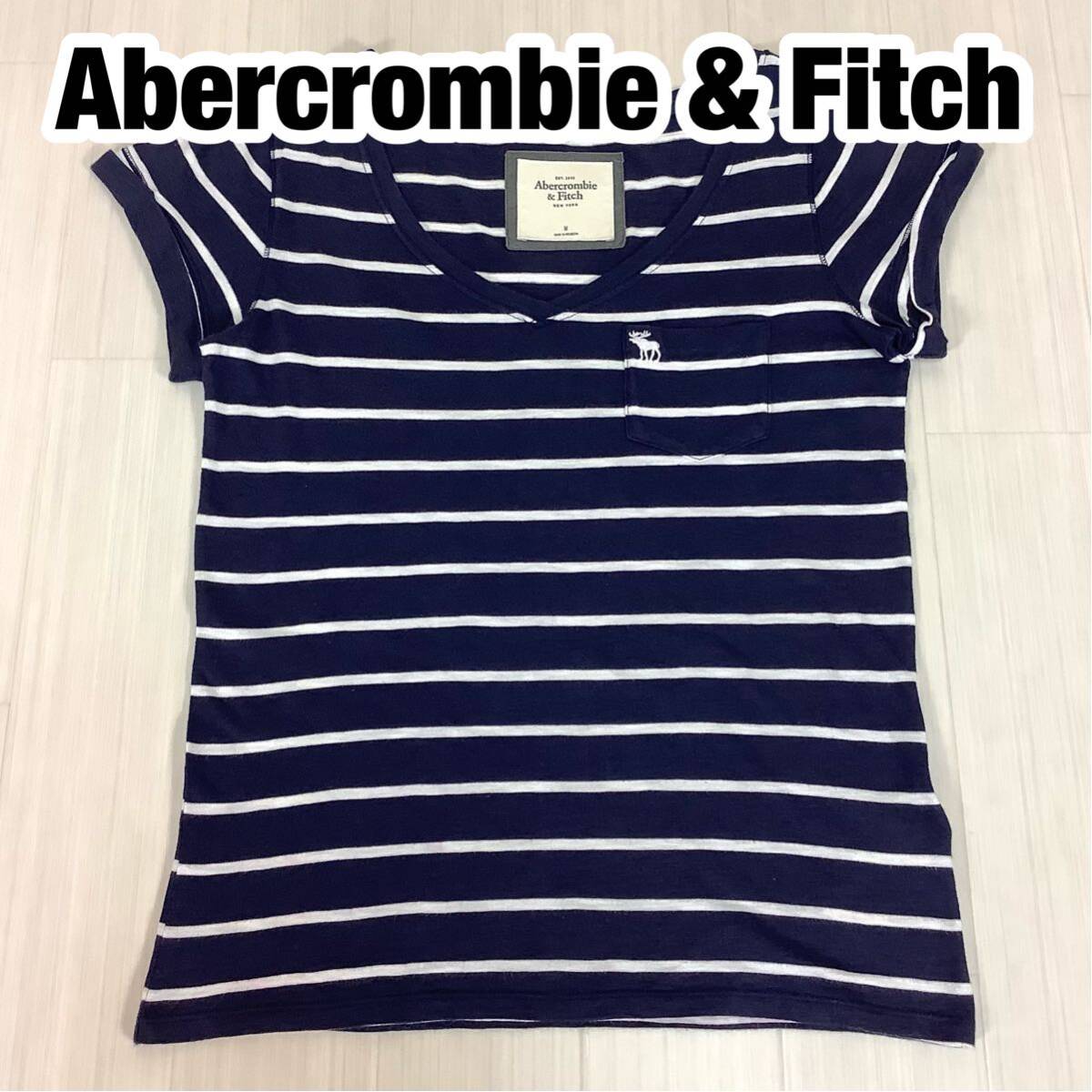 Abercrombie & Fitch アバクロンビーアンドフィッチ Vネック 半袖Tシャツ M ボーダー ネイビー× ホワイト 胸ポケット 刺繍ロゴ拍卖