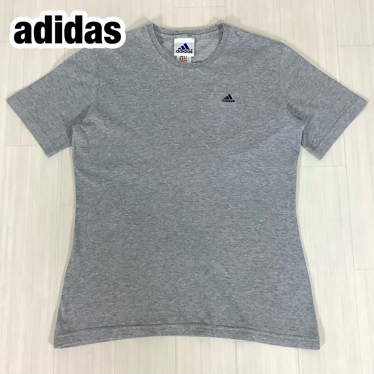adidas アディダス 半袖Tシャツ L 霜降りグレー ワンポイント 刺繍ロゴ拍卖