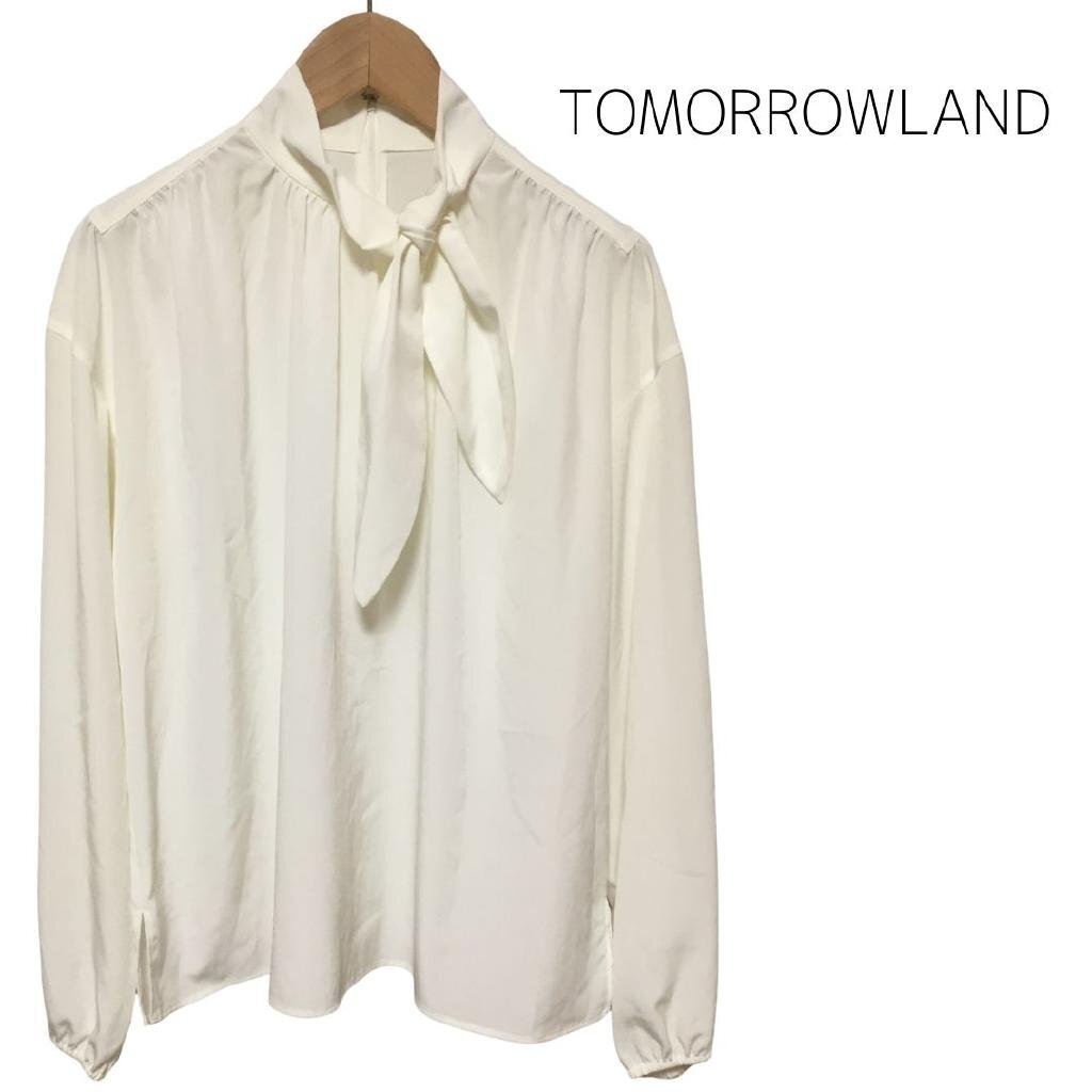 【送料込】 TOMORROWLAND トゥモローランド シャツ・ブラウス ホワイト 白 無地 ボウタイ アシンメトリーデザイン 日本製 size36 M/974335拍卖