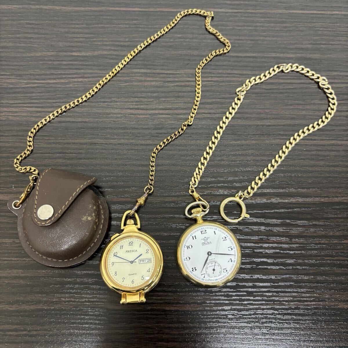 【1円スタート】懐中時計 2点セット ゴールドカラー アンティークWatex ワテックス 手巻き時計 FRESCA クォーツ ケース付き 不動品 現状品拍卖