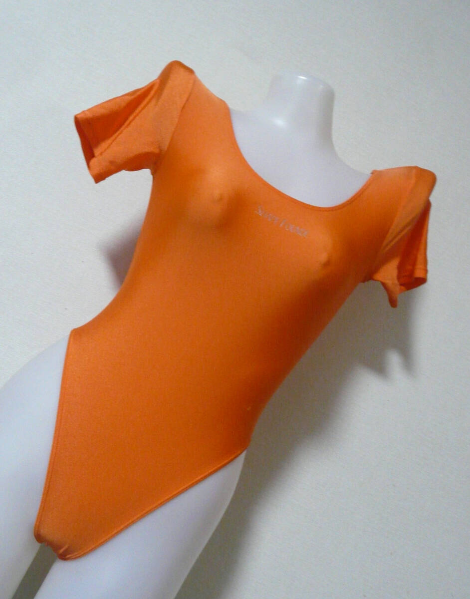 08★程度良好*SHAPE FOUNDE*オレンジのツルピタ光沢♪半袖レオタード*ハイカット*ダンス*エアロ★拍卖