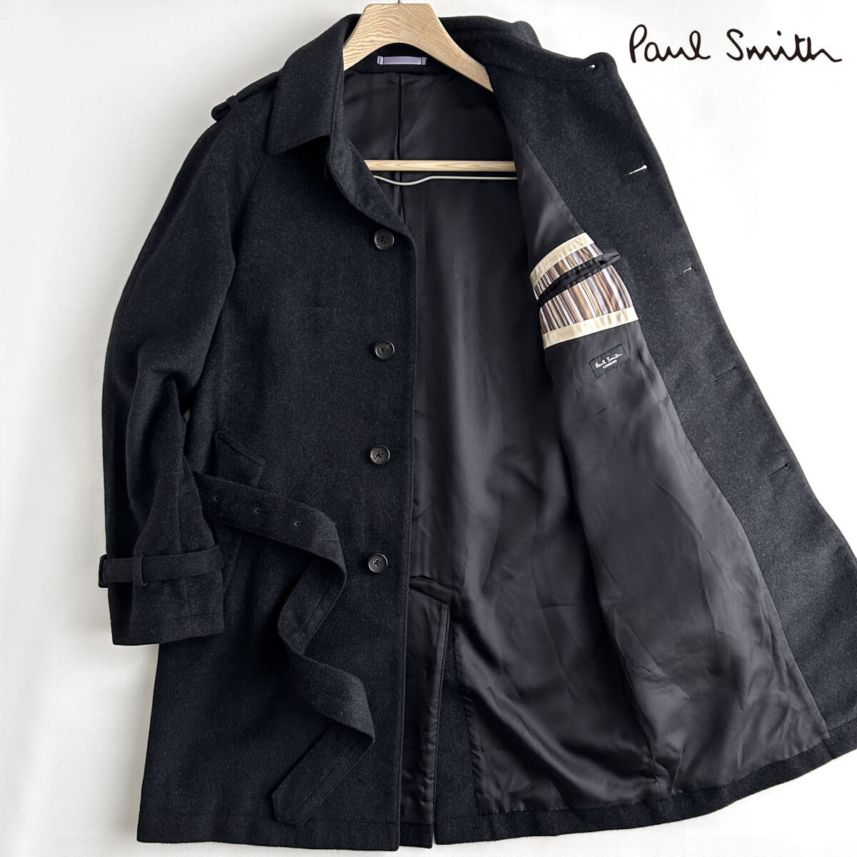【美品】 ポールスミス アンゴラ100% トレンチコート ベルト付き シングル 日本製 高級 マルチカラー メンズ Paul Smith拍卖