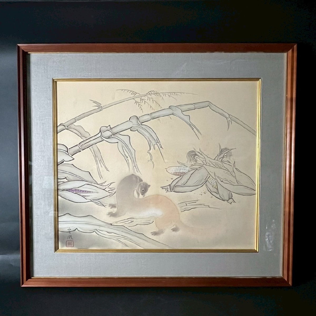 OM1006-21-3 模写 絵画 とうもろこしの葉と実 イタチ 風景 動物 美術 インテリア 鑑賞 絵 H52 W60㎝ 額 H69㎝ W77㎝ D4㎝ 佐川180サイズ拍卖