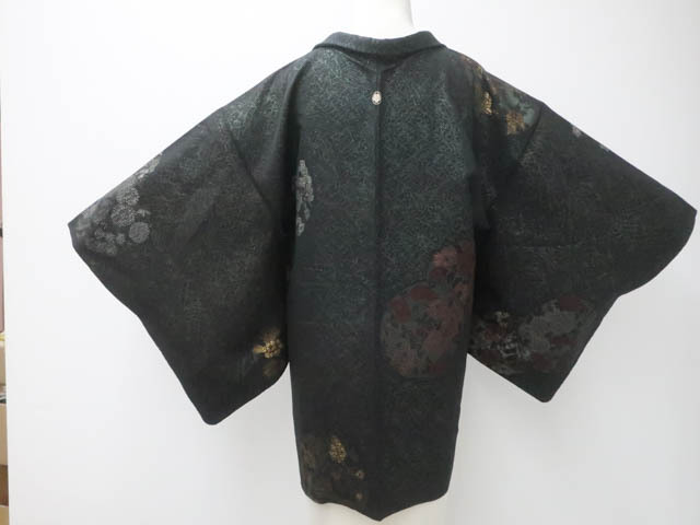 《古美術京松》リサイクル着物 昭和レトロ 羽織 黒羽織 漆 一つ紋 花 金糸 羽織紐別売り 正絹 身丈約80cm 裄丈約65cm kyo7z09-1138拍卖