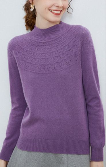 M 極上柔らかカシミヤ100%★胸元編地暖かハイネックニット♪パープル M拍卖