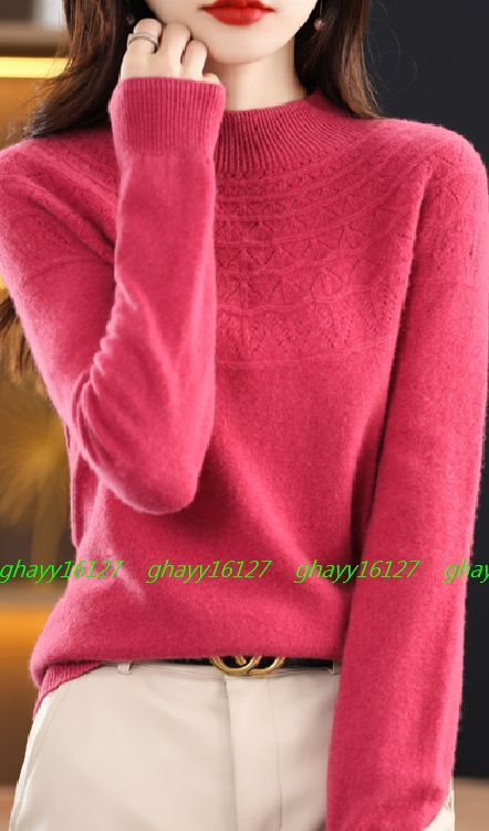 XL 極上柔らかカシミヤ100%★胸元編地暖かハイネックニット♪ローズピンク XL拍卖