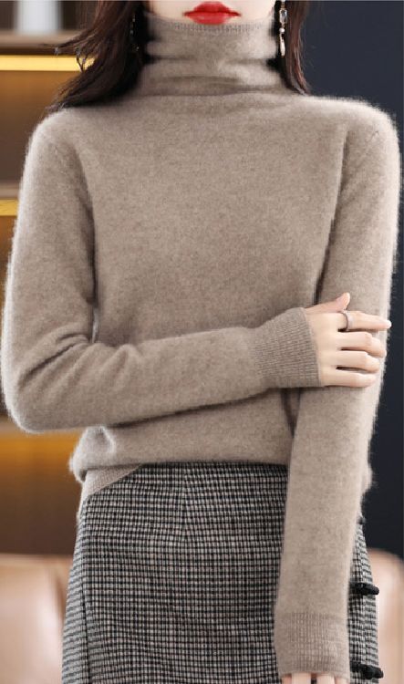 L ふっくら暖かカシミヤ100%★柔らかタートルネックニット♪モカ L拍卖