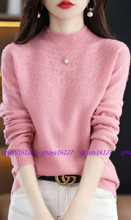 M 極上柔らかカシミヤ100%★胸元編地暖かハイネックニット♪ピンク M拍卖