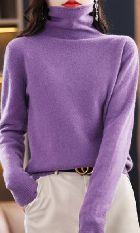 L ふっくら暖かカシミヤ100%★柔らかタートルネックニット♪パープル L拍卖
