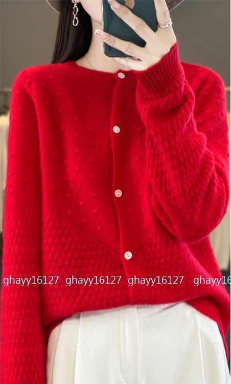 L 極上柔らかカシミヤ100%★デザイン編みニットカーディガン♪レッド L拍卖