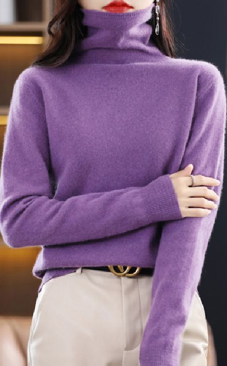 XL ふっくら暖かカシミヤ100%★柔らかタートルネックニット♪パープル XL拍卖