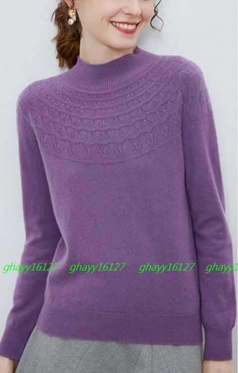 XL 極上柔らかカシミヤ100%★胸元編地暖かハイネックニット♪パープル XL拍卖