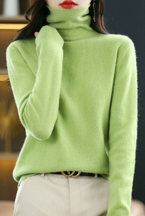 L ふっくら暖かカシミヤ100%★柔らかタートルネックニット♪アップルグリーン L拍卖