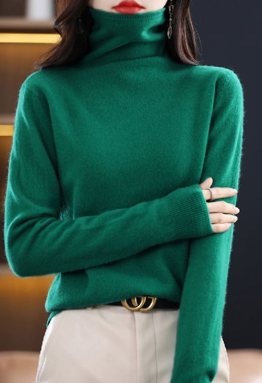 M ふっくら暖かカシミヤ100%★柔らかタートルネックニット♪グリーンM拍卖