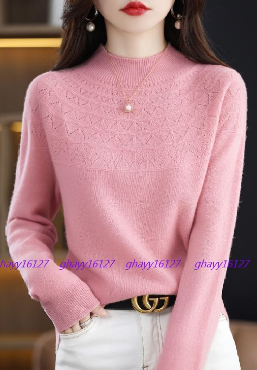 L 極上柔らかカシミヤ100%★胸元編地暖かハイネックニット♪ピンク L拍卖