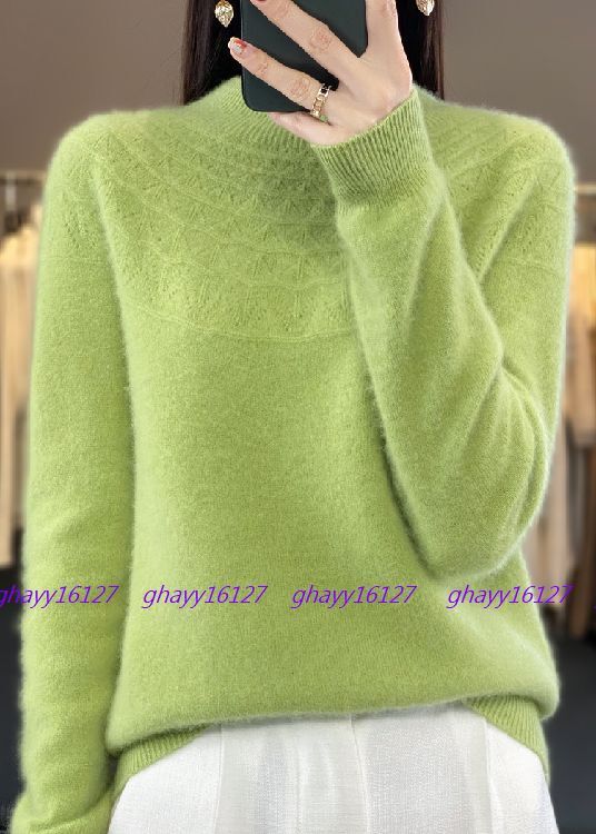 M 極上柔らかカシミヤ100%★胸元編地暖かハイネックニット♪アップルグリーン M拍卖