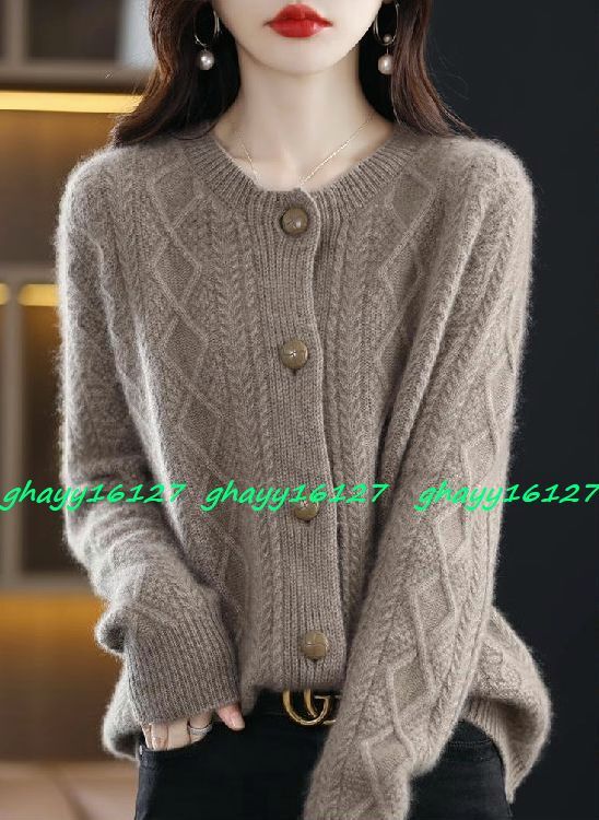 L極上カシミヤ100%★ふんわりアラン編みクルーネックカーディガン♪モカL拍卖