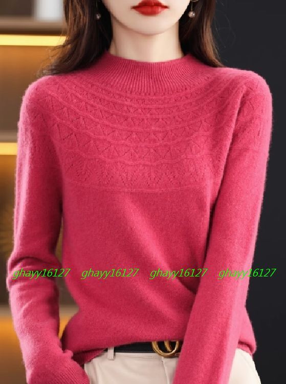 L 極上柔らかカシミヤ100%★胸元編地暖かハイネックニット♪ローズピンク L拍卖