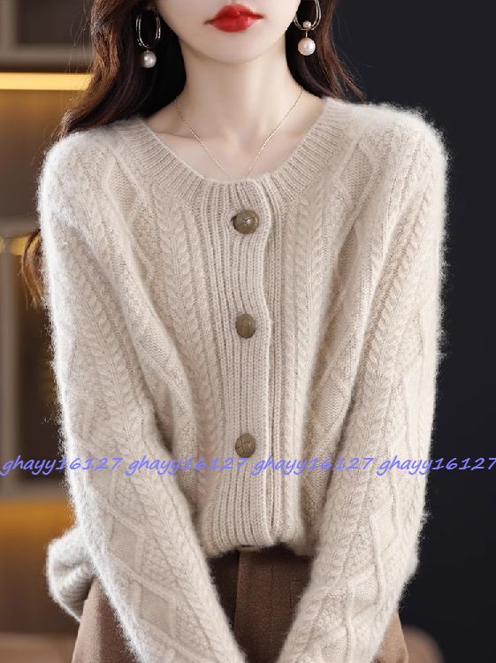 M極上カシミヤ100%★ふんわりアラン編みクルーネックカーディガン♪ベージュM拍卖