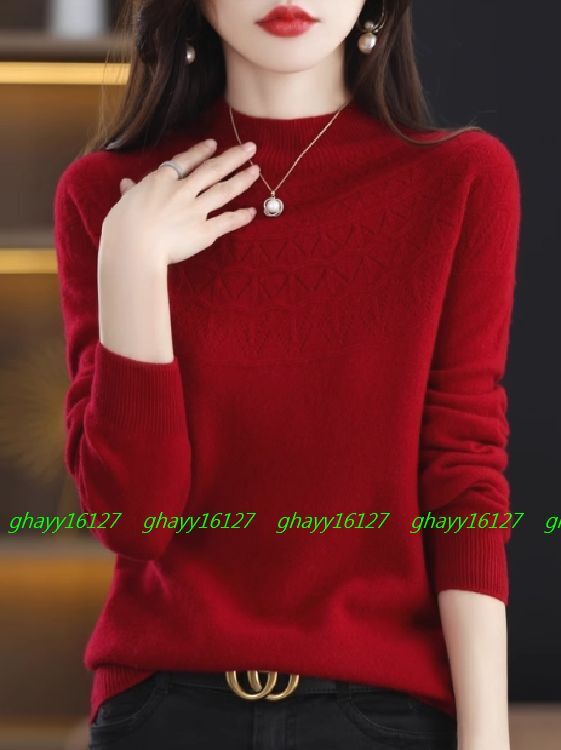 XL 極上柔らかカシミヤ100%★胸元編地暖かハイネックニット♪レッド XL拍卖