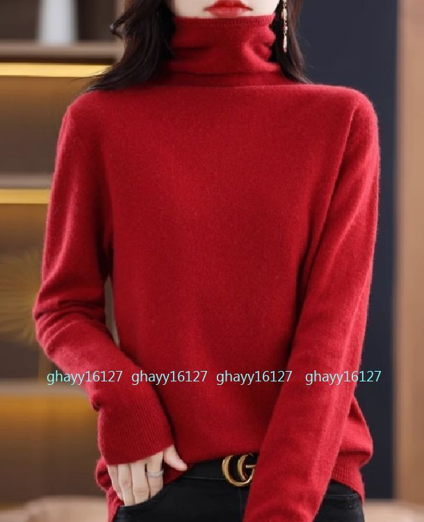M ふっくら暖かカシミヤ100%★柔らかタートルネックニット♪レッドM拍卖