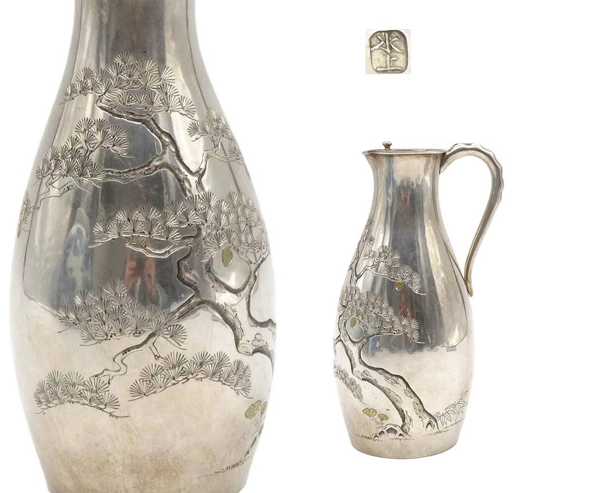K8899 水上 作 銀製 銚子 酒器 金象嵌 松彫 霊芝彫 酒注 銀器 重さ約184.3g 在銘 刻印 古美術 金属工芸 茶道具 拍卖