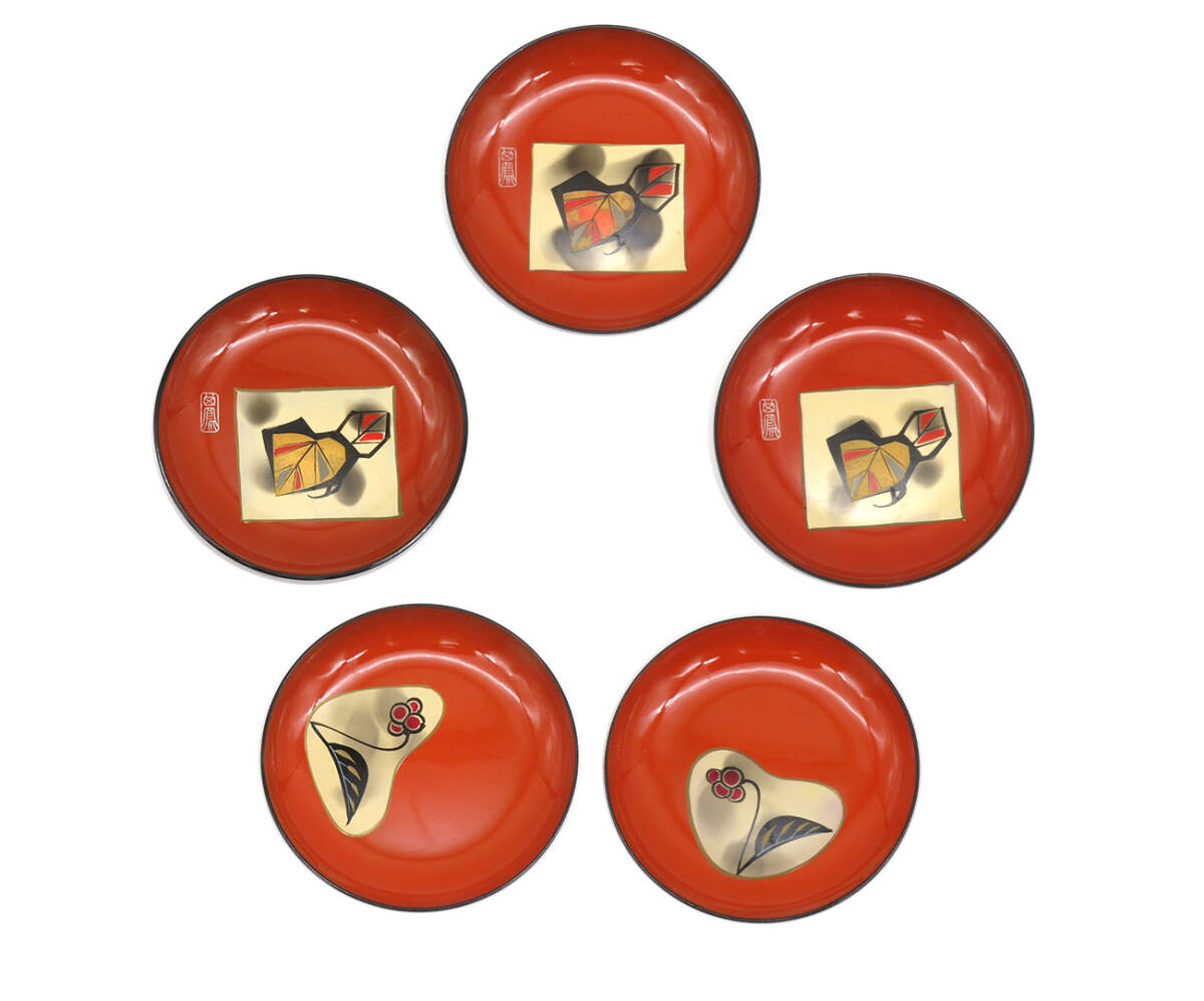 K8911 漆器 蔦の葉 銘々皿 菓子皿 丸型 5客 木工芸 茶道具 古美術 時代物 鉄瓶 サイズ 幅約12.6cm拍卖