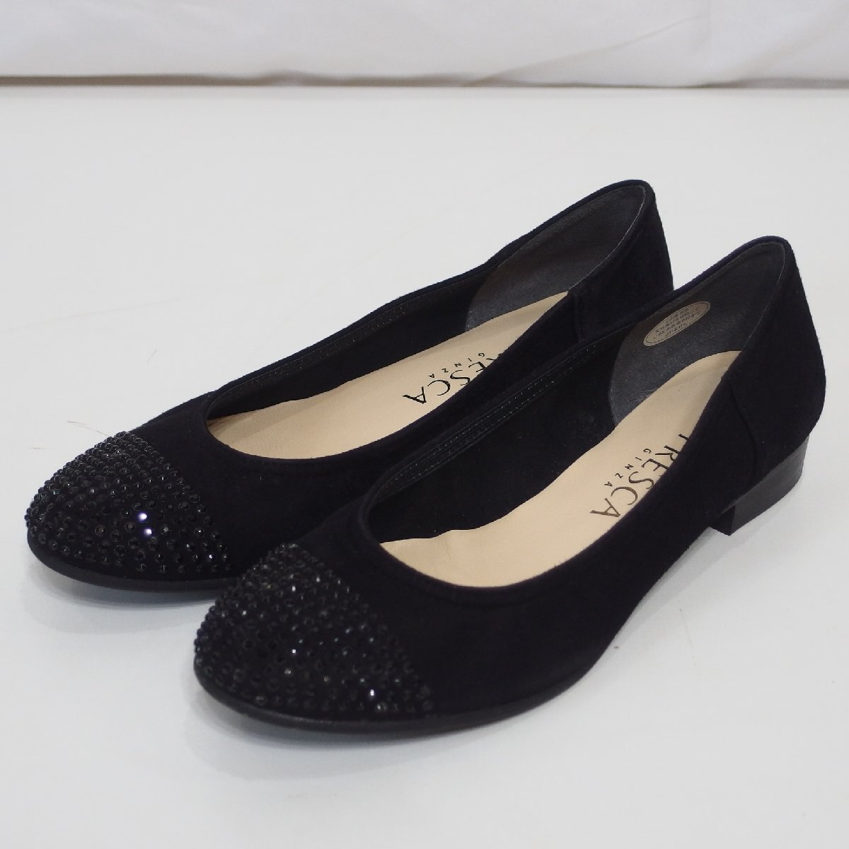 銀座ヨシノヤ◆FRESCA ラインストーン付 スエード パンプス カッターパンプス(ブラック)22.5㎝◆USED美品拍卖