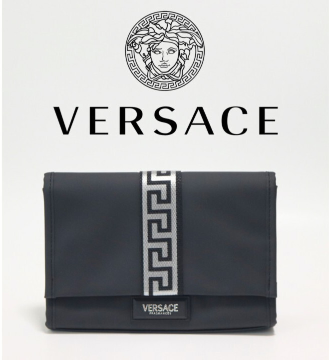 新品【VERSACE PARFUMS ヴェルサーチ パフューム 】エコレザー ポーチ 黒 v7382拍卖