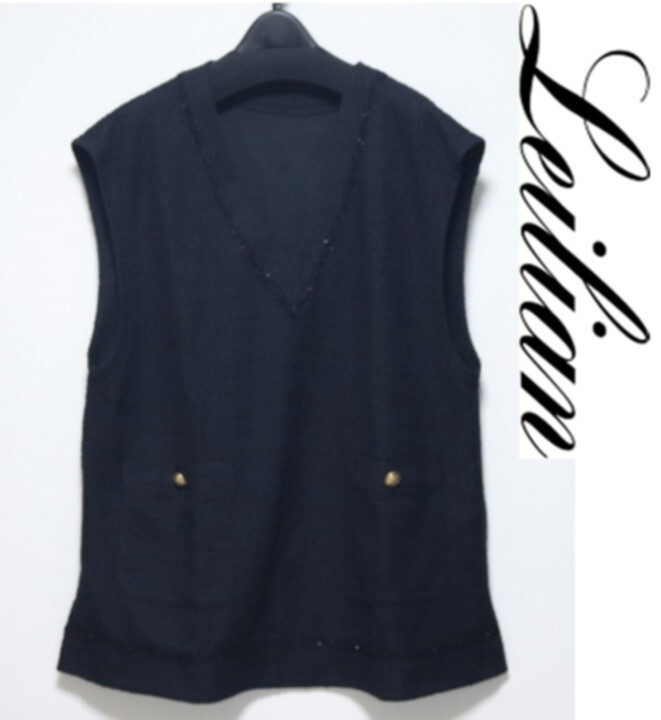 新品【Leilian レリアン】レイヤード風 ベスト トップス 黒 13+ 大きいサイズ v7720拍卖