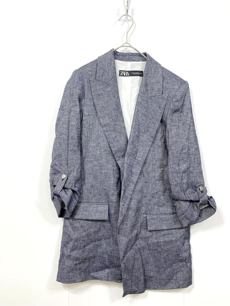 ゆうパケットOK ZARA ザラ 2182/492/405 リネンブレンド ロールアップスリーブ ジャケット sizeXS/紺 ■■拍卖