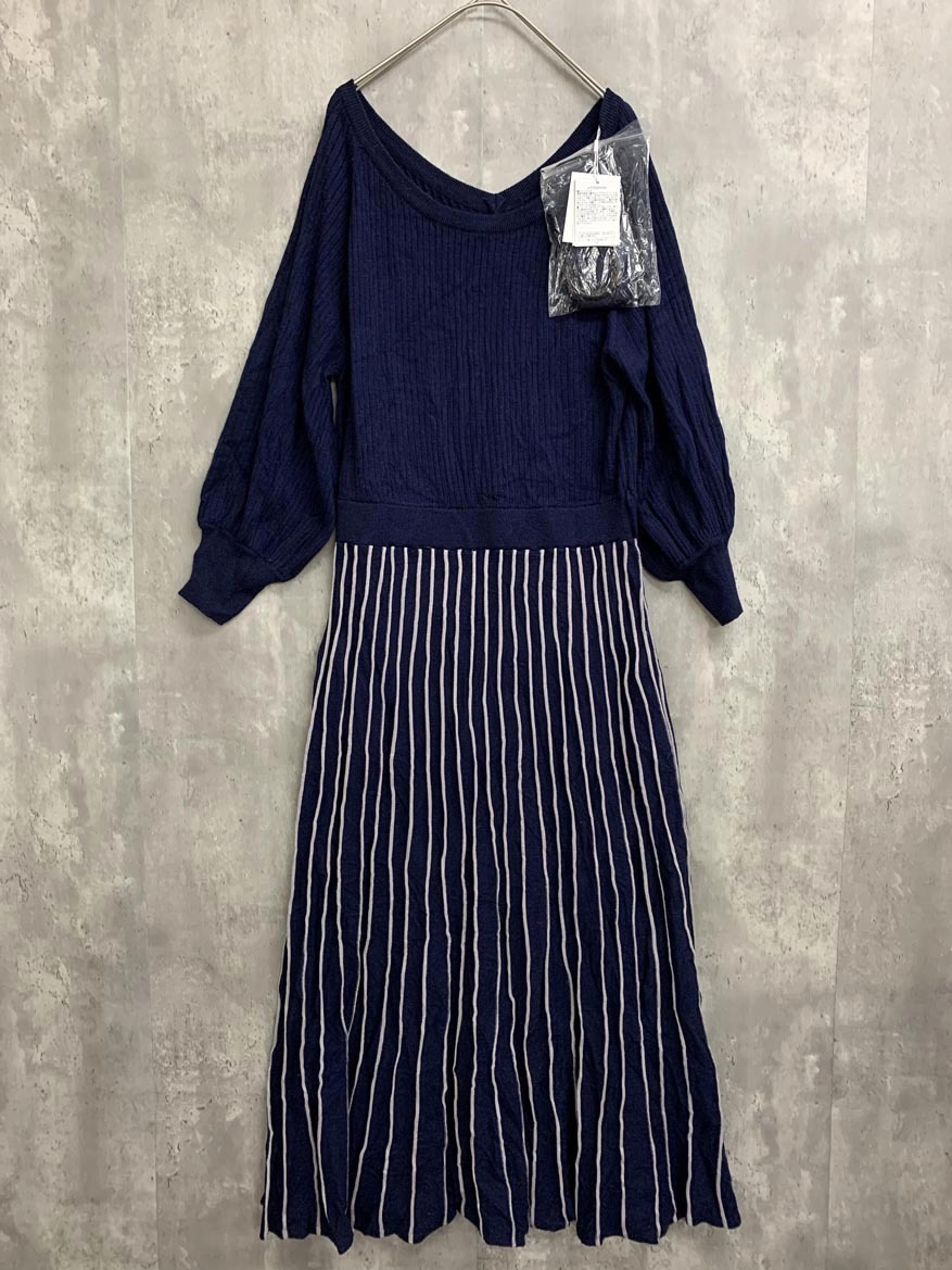 新品 natural couture ナチュラルクチュール 0332090130 配色ニットプリーツ ワンピース sizeF/紺 ◆■ ☆ fkc1 レディース拍卖