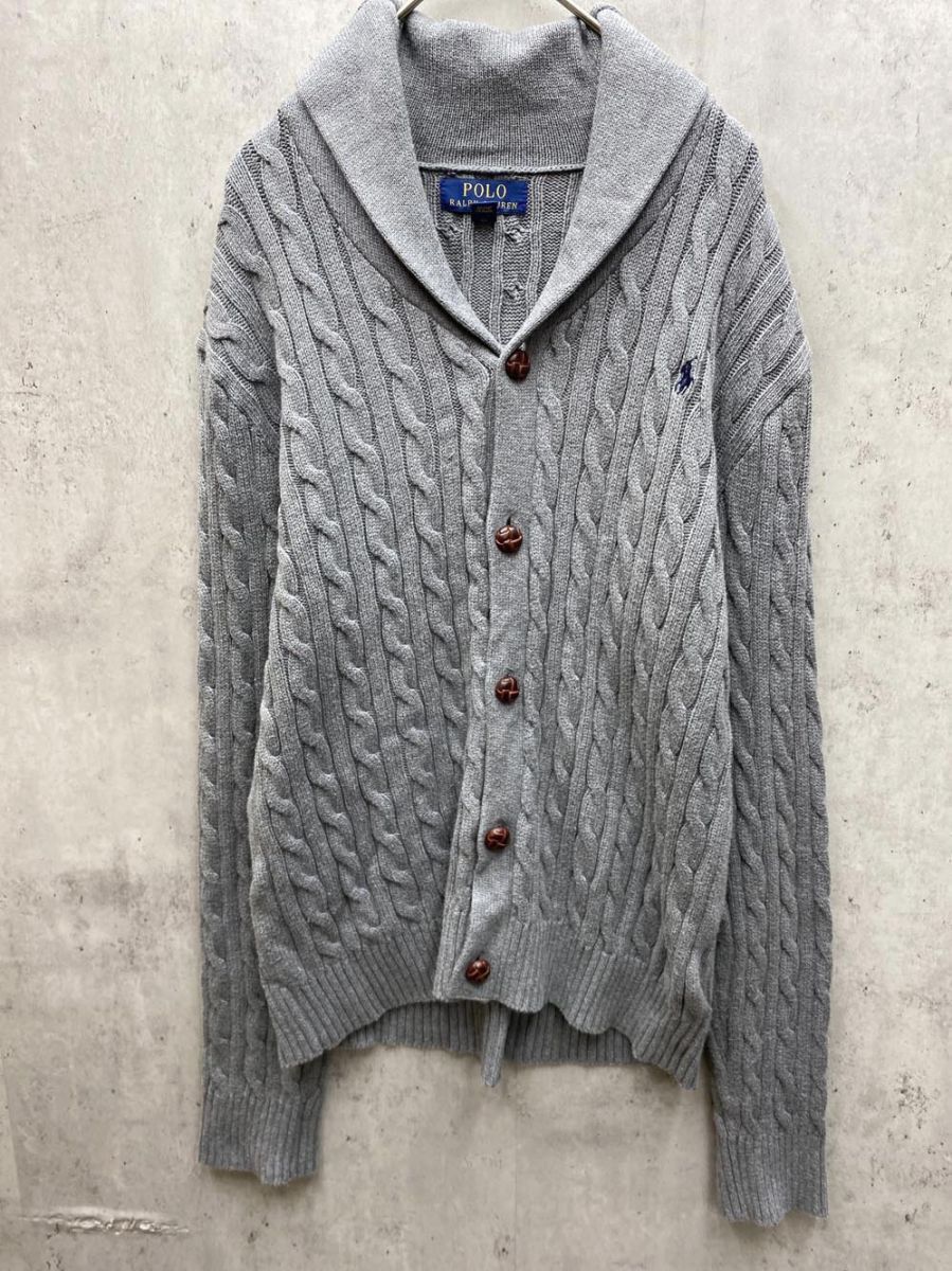 美品 ポロ ラルフローレン キッズ ショールカラー ケーブル ニット カーディガン sizeL/G(14-16)/160/グレー ◆■拍卖