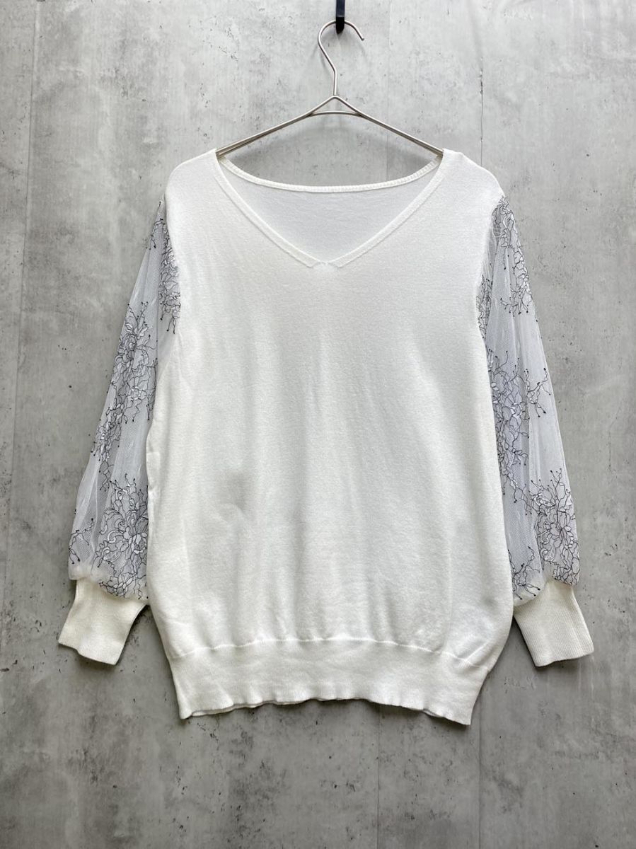 ゆうパケットOK 新品 VIS ビス BVM-10330-A 袖シアーレース7分袖Vネックプルオーバー ニット sizeF/ホワイト ■◇拍卖