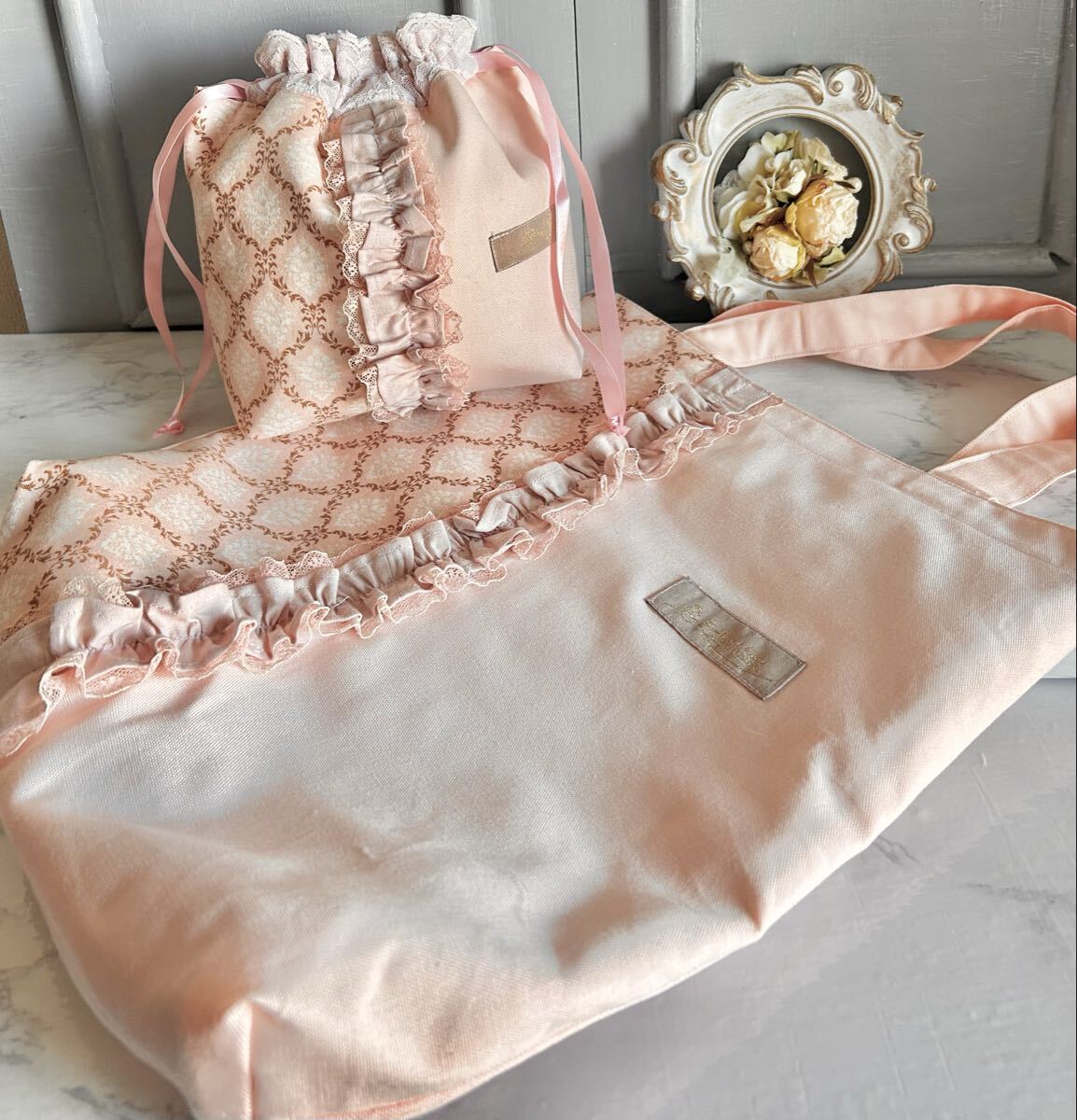 ハンドメイド◇ミニ巾着+バッグ2点セット◇ピンク系柄試作処分拍卖