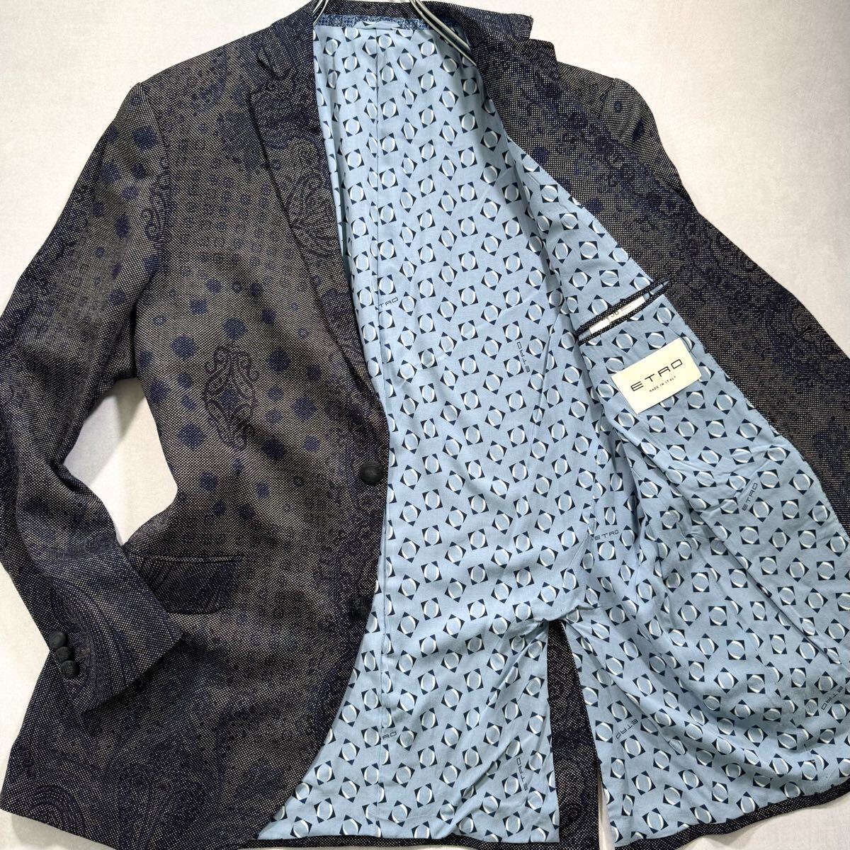 極美品/希少XXL◎ エトロ ETRO ペイズリー 総柄 メンズ テーラードジャケット シルク 鹿子 裏地総柄 総裏 本切羽 2釦 入手困難 アンコン 青拍卖